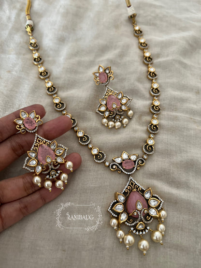 Jeni Victorian Finish Polki And Pearl Studded Pastel Drop Long Necklace Jewellery Set By Ranibaug