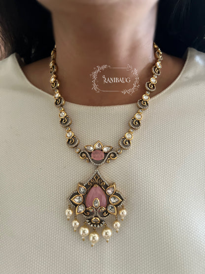 Jeni Victorian Finish Polki And Pearl Studded Pastel Drop Long Necklace Jewellery Set By Ranibaug
