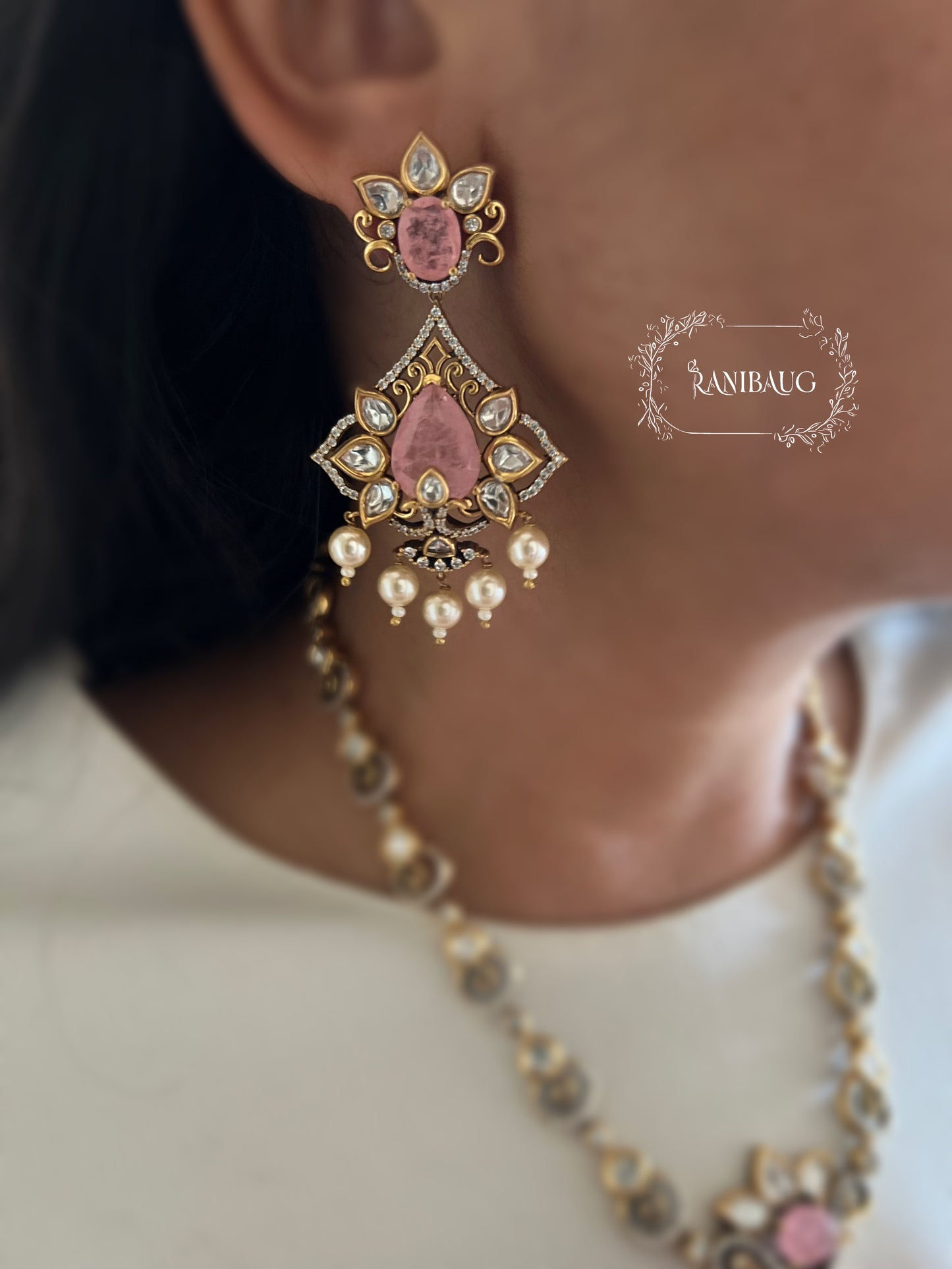 Jeni Victorian Finish Polki And Pearl Studded Pastel Drop Long Necklace Jewellery Set By Ranibaug