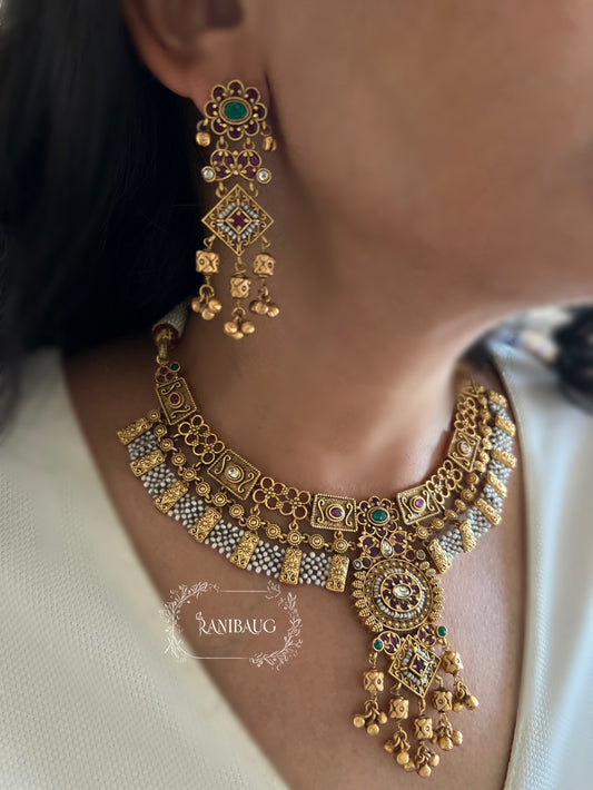 Jhankar Dual Tone Modern Antique Gold Heritage Choker Necklace By Ranibaug