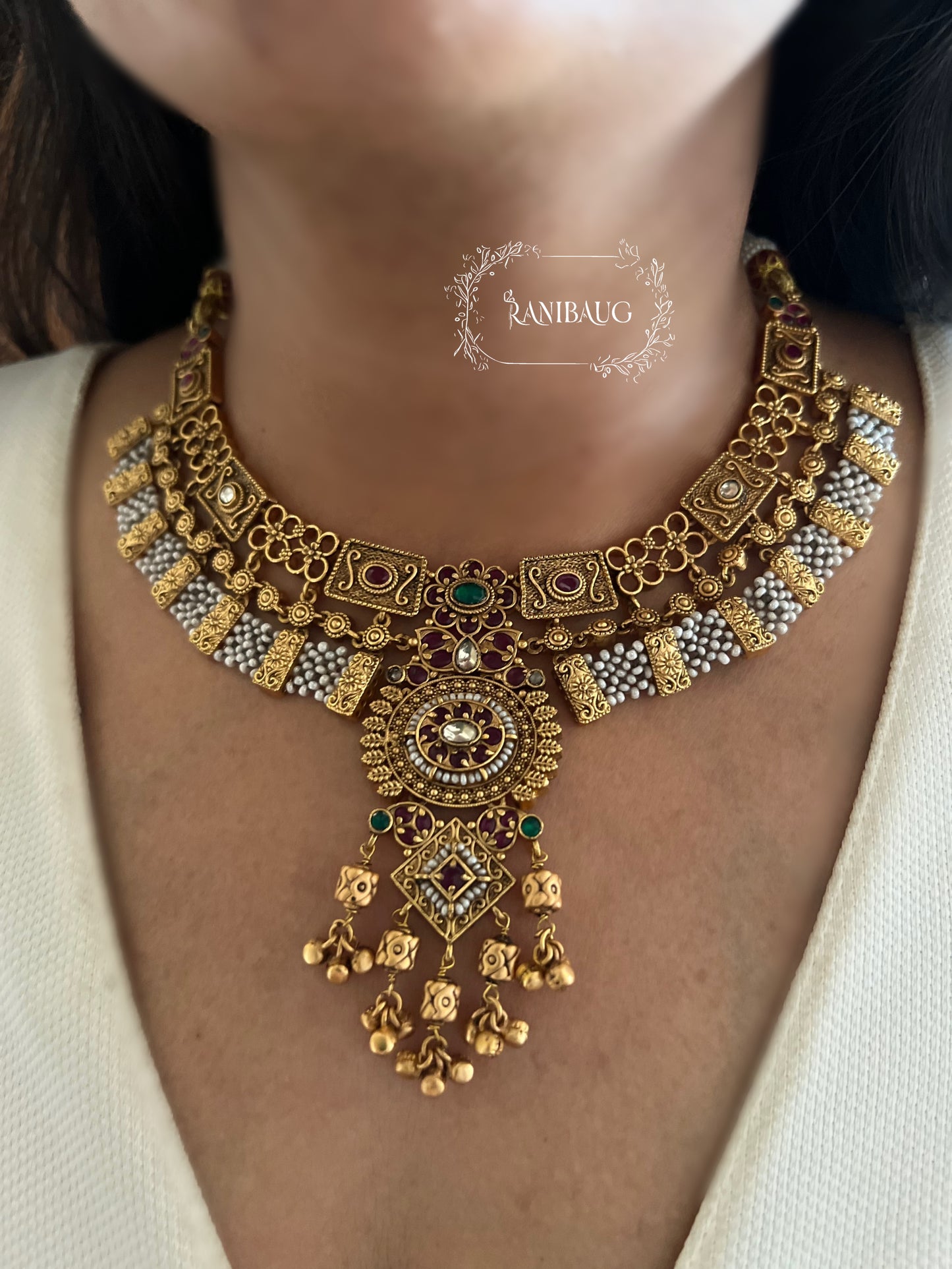Jhankar Dual Tone Modern Antique Gold Heritage Choker Necklace By Ranibaug