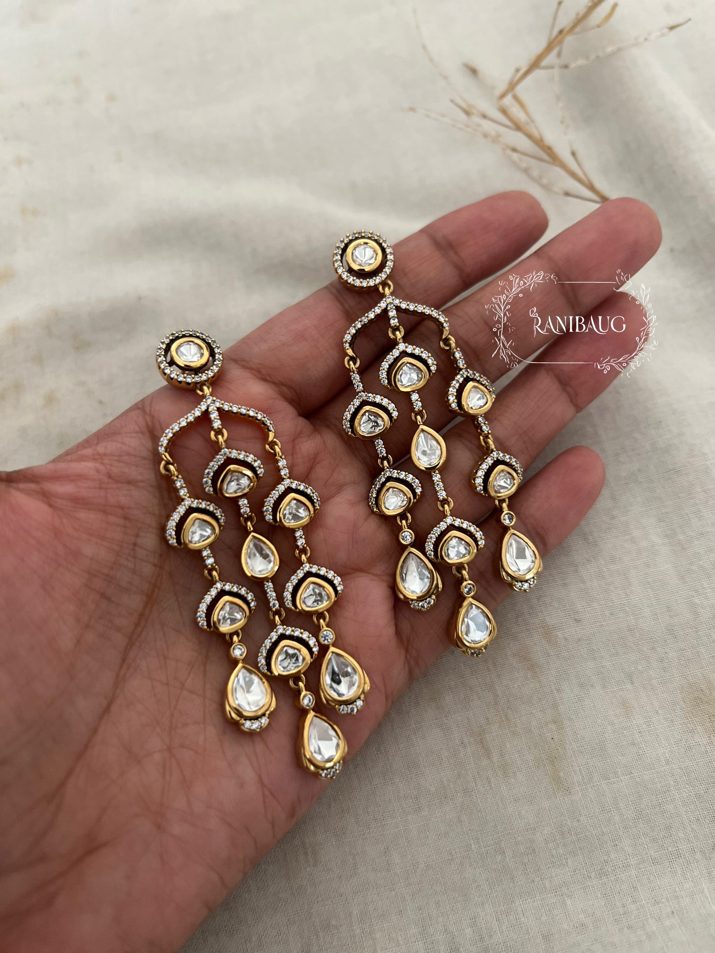 Jharokha Mossainite Polki Fall Earrings In Premium Gold Finish For Festive Ready Look By Ranibaug