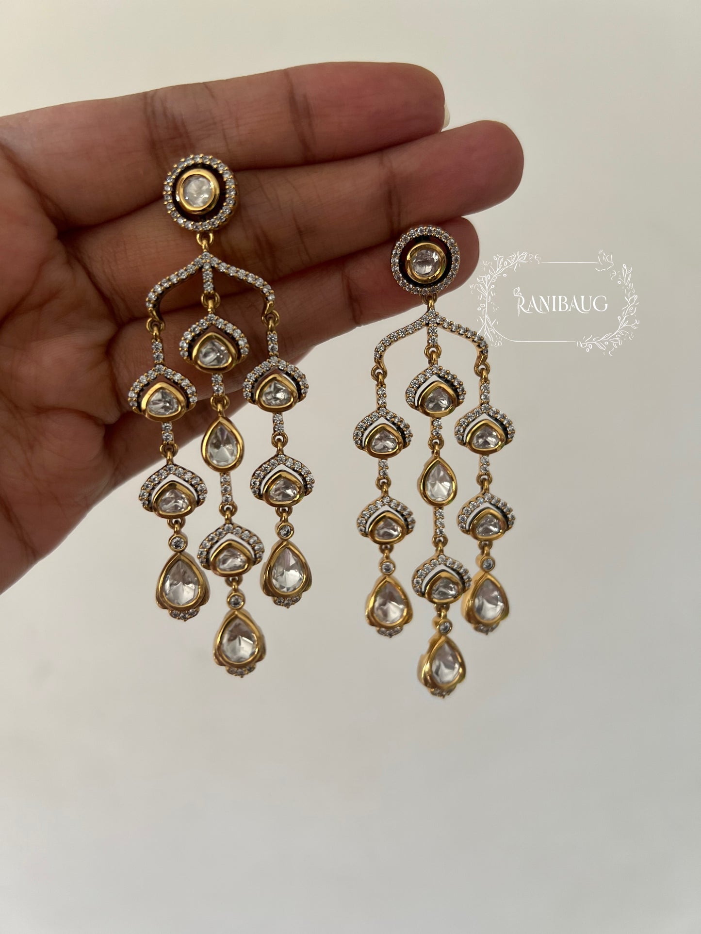 Jharokha Mossainite Polki Fall Earrings In Premium Gold Finish For Festive Ready Look By Ranibaug