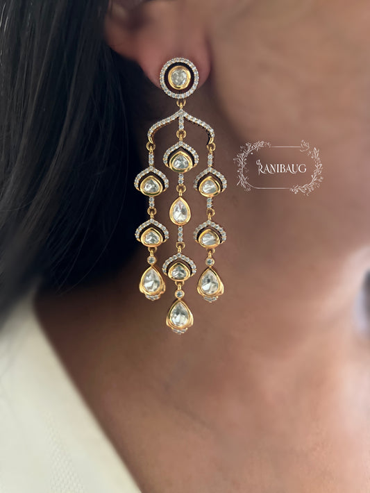 Jharokha Mossainite Polki Fall Earrings In Premium Gold Finish For Festive Ready Look By Ranibaug