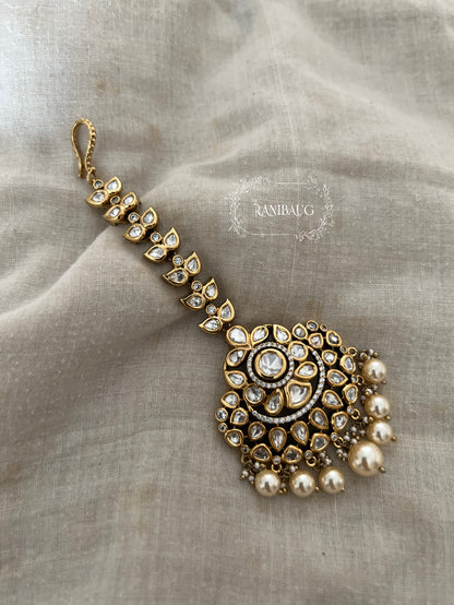 Jheel Victorian Mossainite Studded In Premium Gold Finish Maang Tikka With Pearl Clusters | Maang Tikka Wedding Accessory For Women By Ranibaug