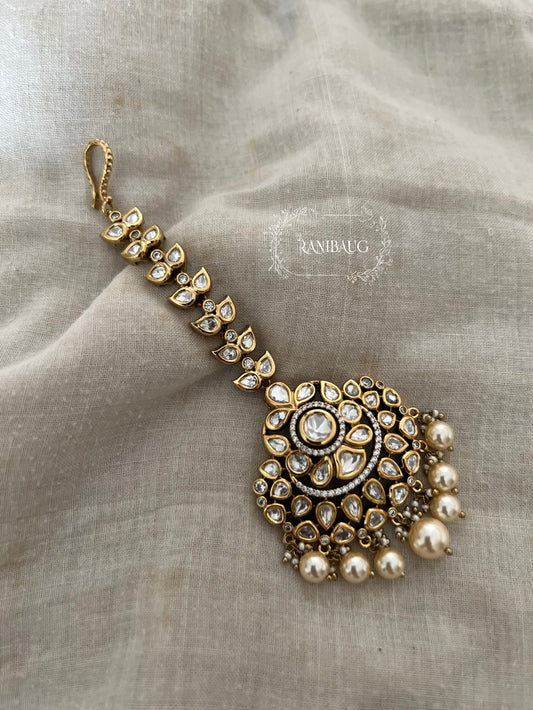 Jheel Victorian Mossainite Studded In Premium Gold Finish Maang Tikka With Pearl Clusters | Maang Tikka Wedding Accessory For Women By Ranibaug