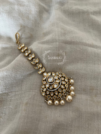 Jheel Victorian Mossainite Studded In Premium Gold Finish Maang Tikka With Pearl Clusters | Maang Tikka Wedding Accessory For Women By Ranibaug