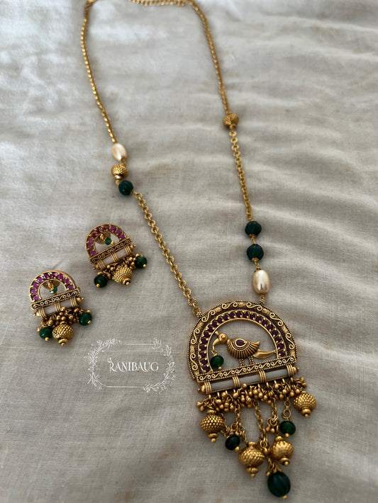 Jhilmil Minimal Bird Motif Gold Plated Heritage Long Necklace Set With Gold Fringe By Ranibaug