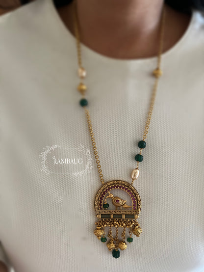 Jhilmil Minimal Bird Motif Gold Plated Heritage Long Necklace Set With Gold Fringe By Ranibaug