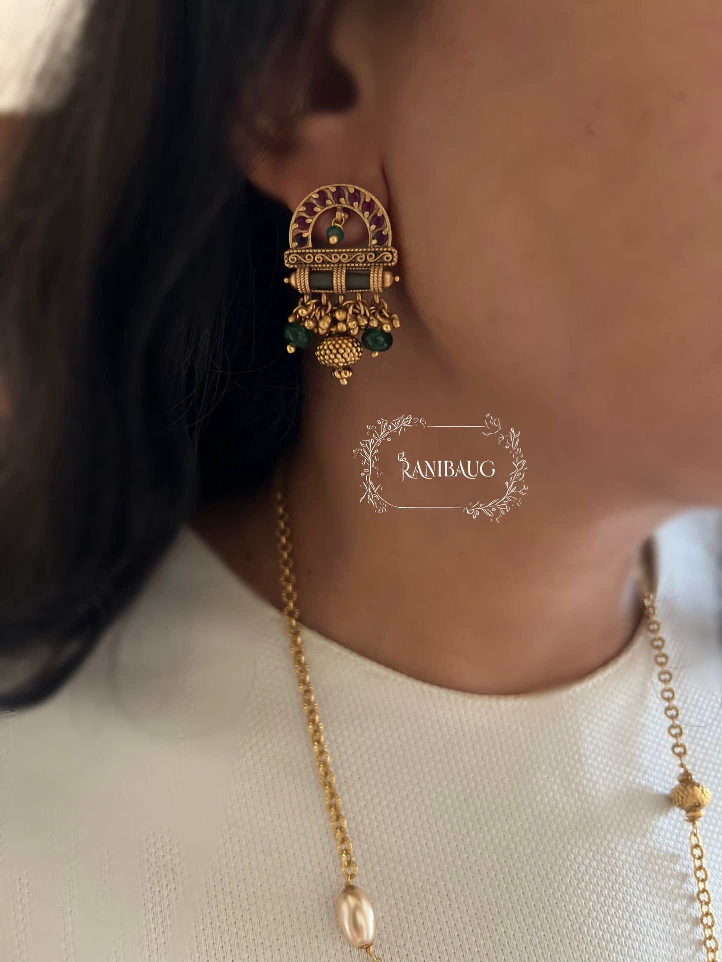 Jhilmil Minimal Bird Motif Gold Plated Heritage Long Necklace Set With Gold Fringe By Ranibaug