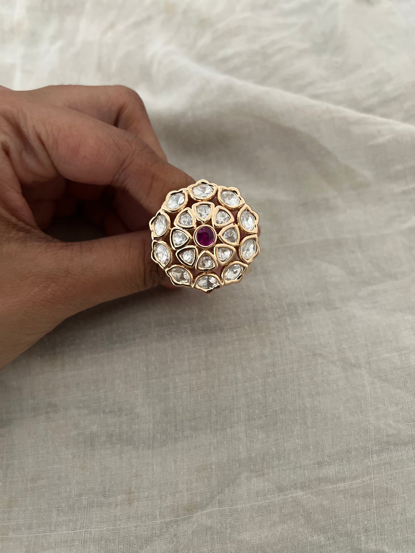 Jigisha Floral Circular Motif Gold Plated Mossainite Finger Ring By Ranibaug