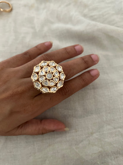 Jigisha Floral Circular Motif Gold Plated Mossainite Finger Ring By Ranibaug