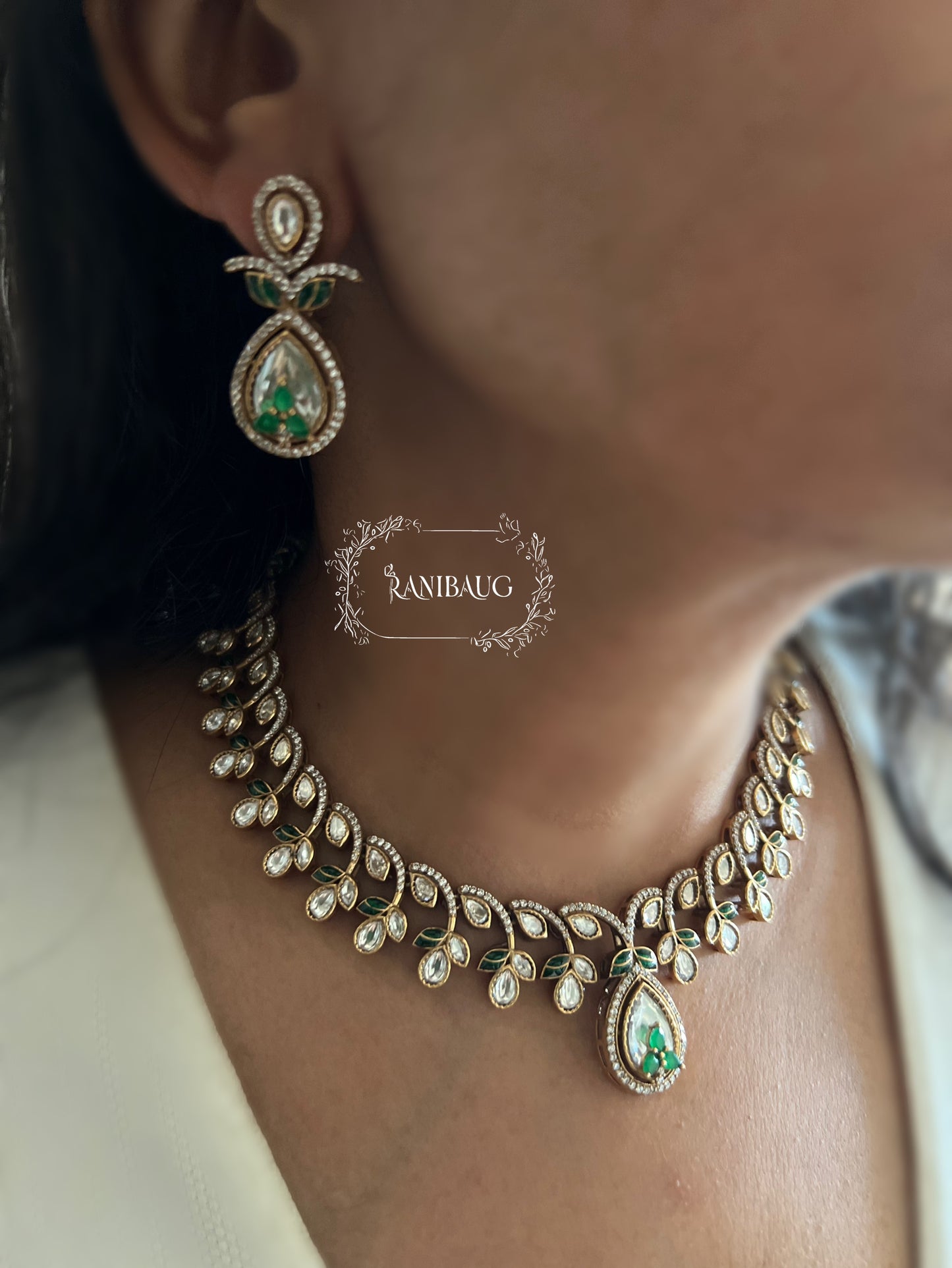 Jigisha Polki Leaf Designer Teardrop Kundan Motif Classic Festive Jewellery Set By Ranibaug