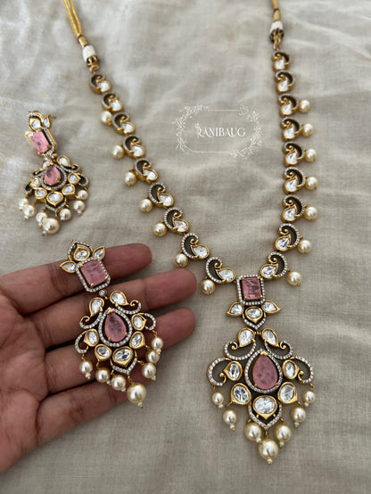 Jigisha Polki Pearl Statement Victorian Finish Blush Pink And Ruby Necklace Jewellery Set By Ranibaug