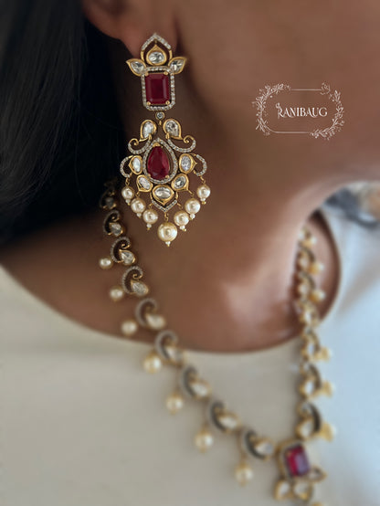Jigisha Polki Pearl Statement Victorian Finish Blush Pink And Ruby Necklace Jewellery Set By Ranibaug