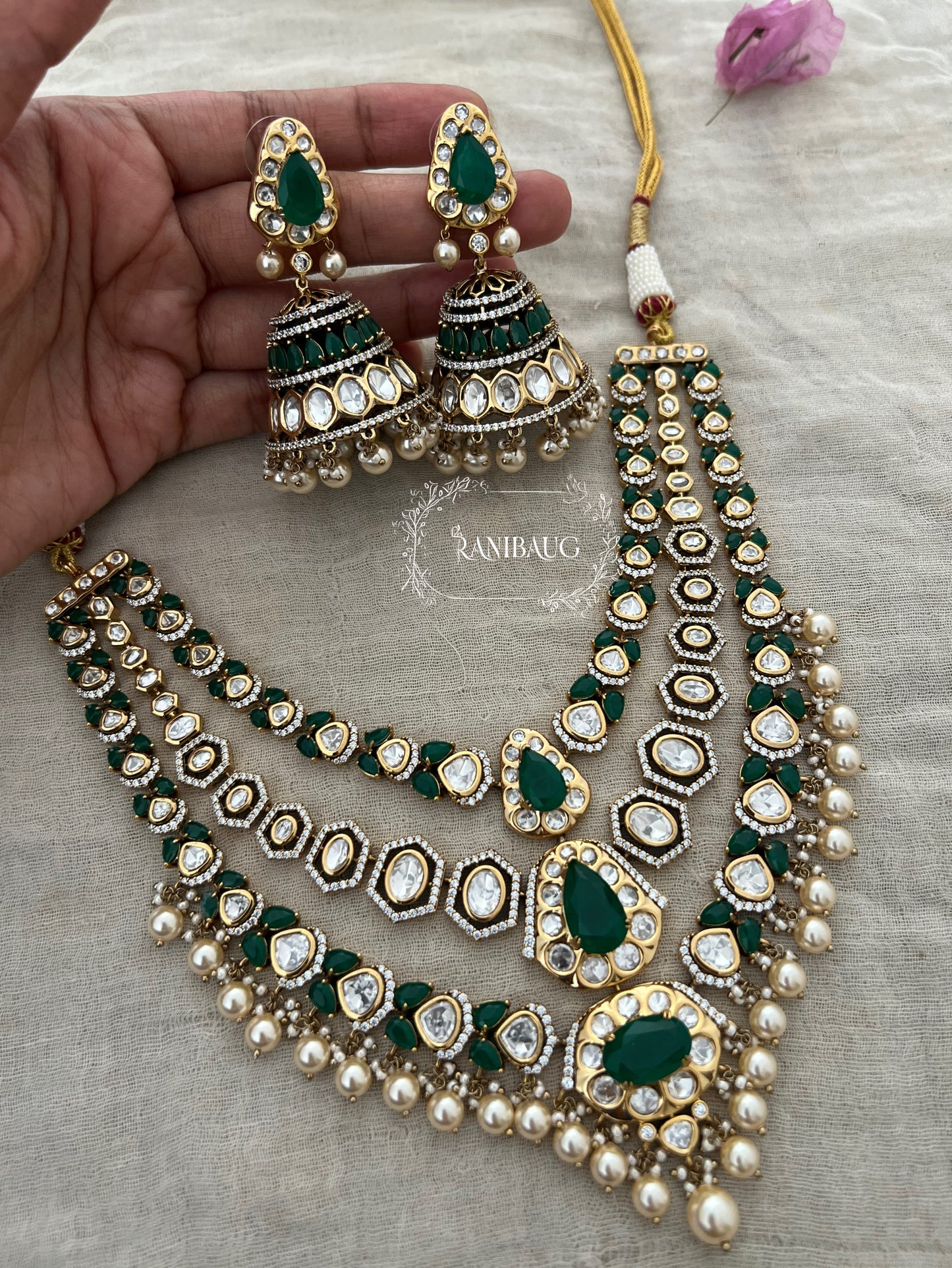 Jignavati Layered Long Heavy Polki Kundan Gemstone Set By Ranibaug