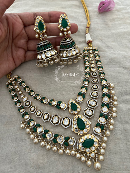 Jignavati Layered Long Heavy Polki Kundan Gemstone Set By Ranibaug