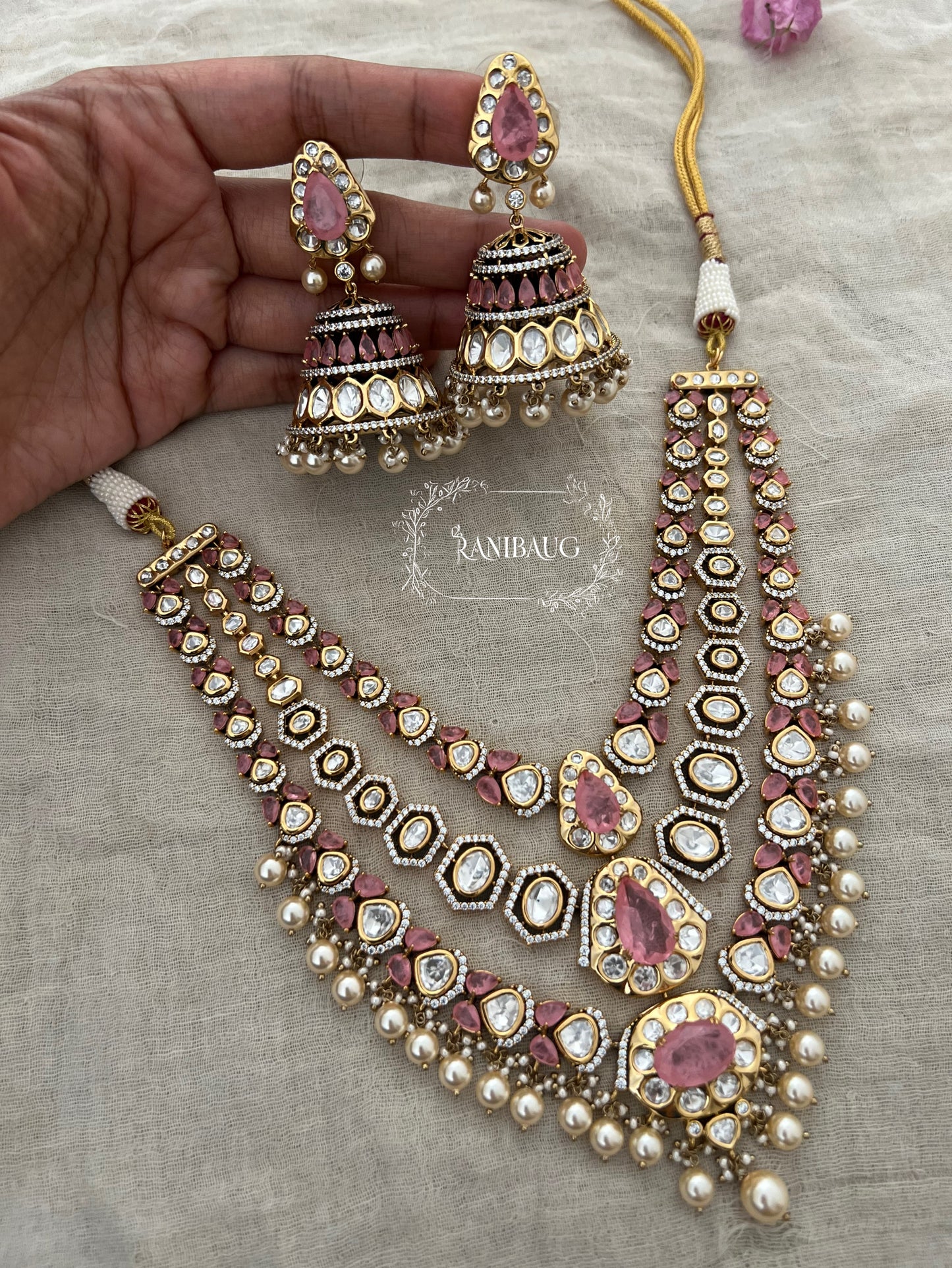 Jignavati Layered Long Heavy Polki Kundan Gemstone Set By Ranibaug