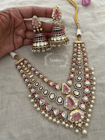 Jignavati Layered Long Heavy Polki Kundan Gemstone Set By Ranibaug