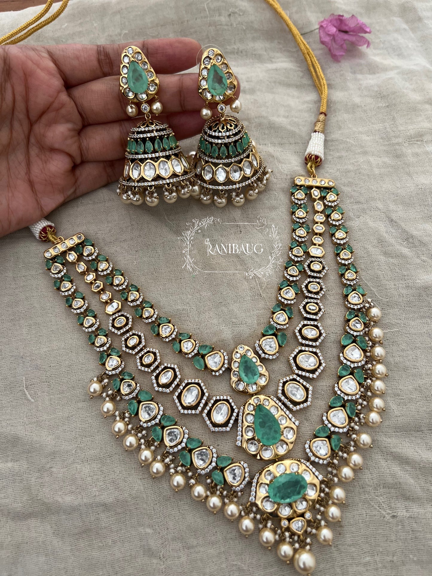 Jignavati Layered Long Heavy Polki Kundan Gemstone Set By Ranibaug
