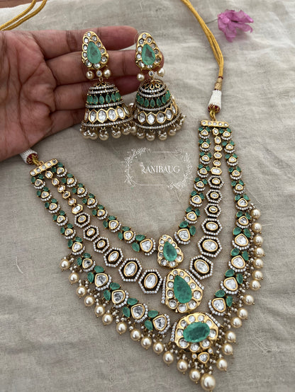 Jignavati Layered Long Heavy Polki Kundan Gemstone Set By Ranibaug