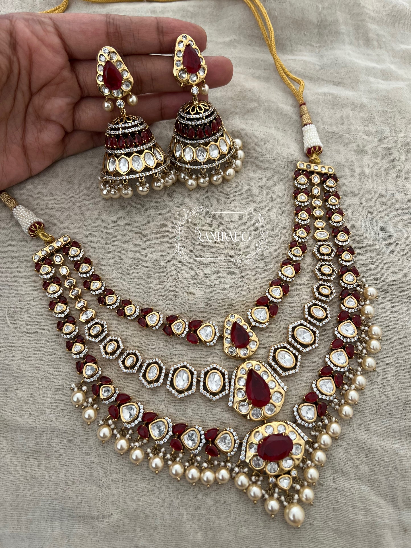 Jignavati Layered Long Heavy Polki Kundan Gemstone Set By Ranibaug