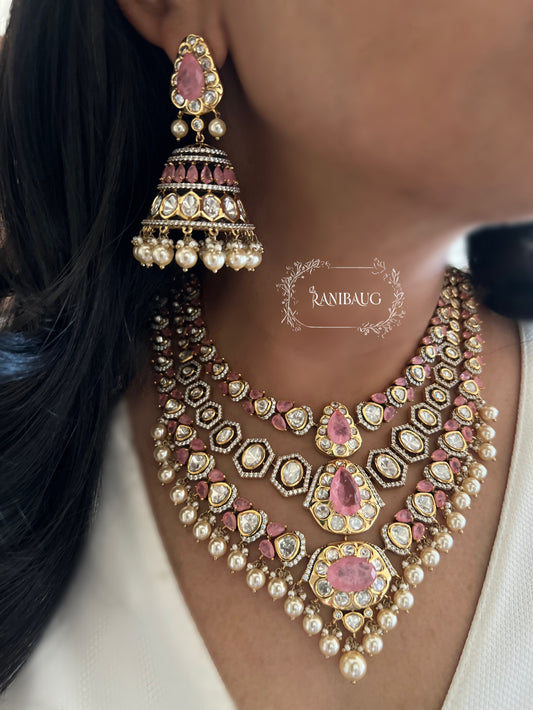 Jignavati Layered Long Heavy Polki Kundan Gemstone Set By Ranibaug