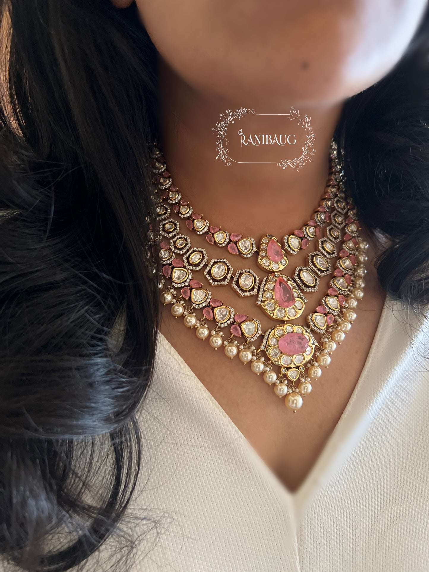 Jignavati Layered Long Heavy Polki Kundan Gemstone Set By Ranibaug