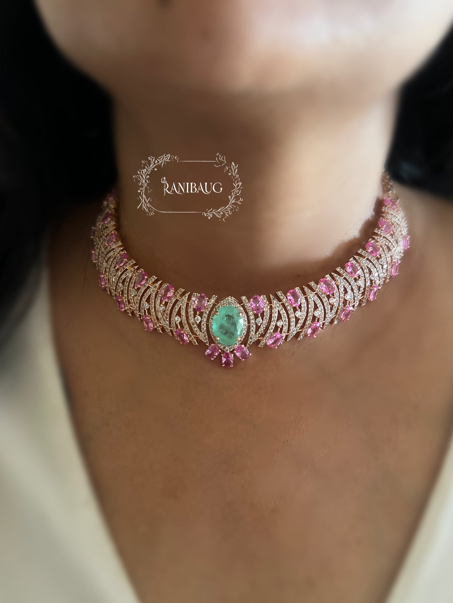 Jigya Mint Pink Stones Gold Finish Diamond Designer Necklace Set By Ranibaug