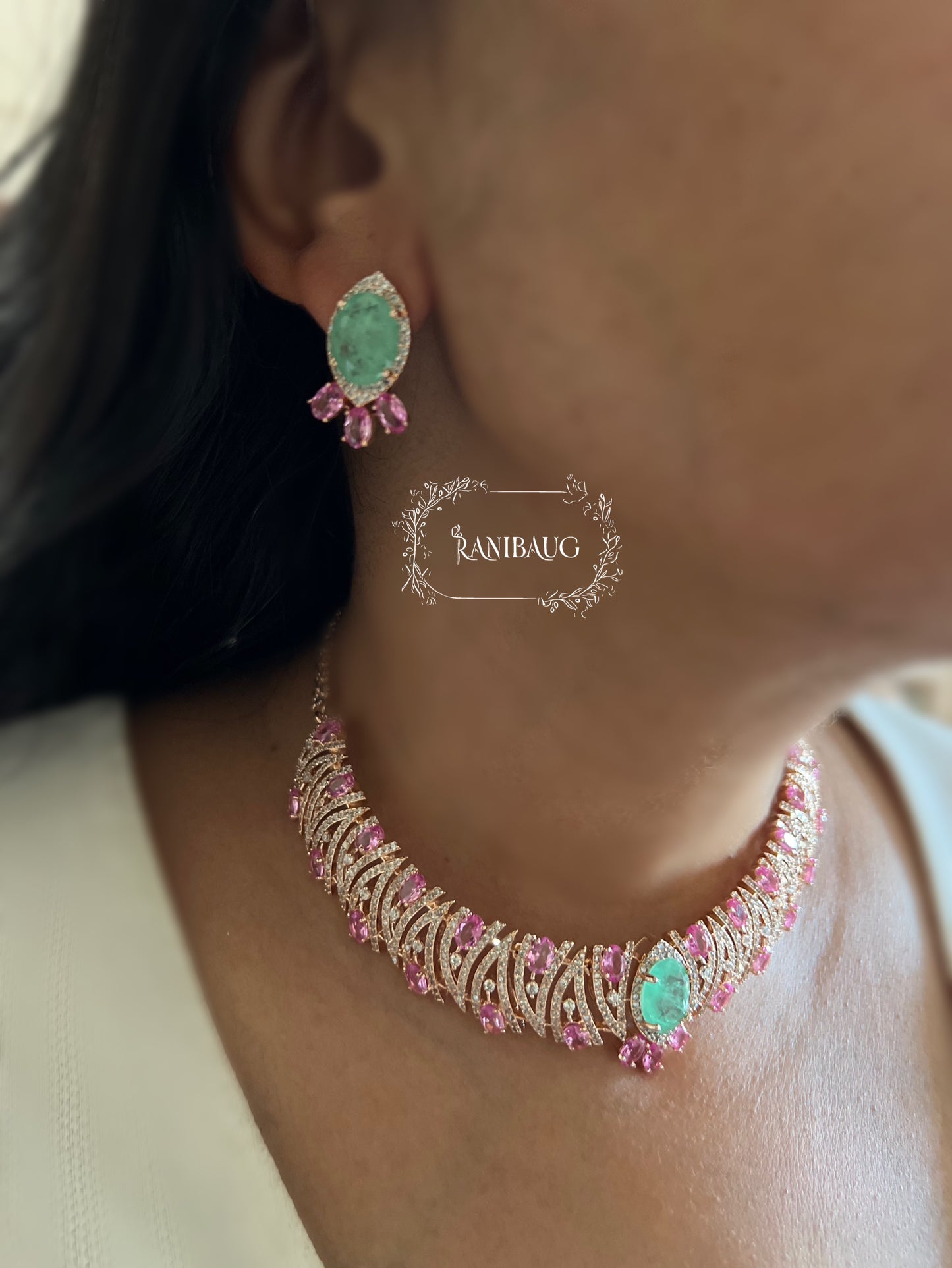 Jigya Mint Pink Stones Gold Finish Diamond Designer Necklace Set By Ranibaug