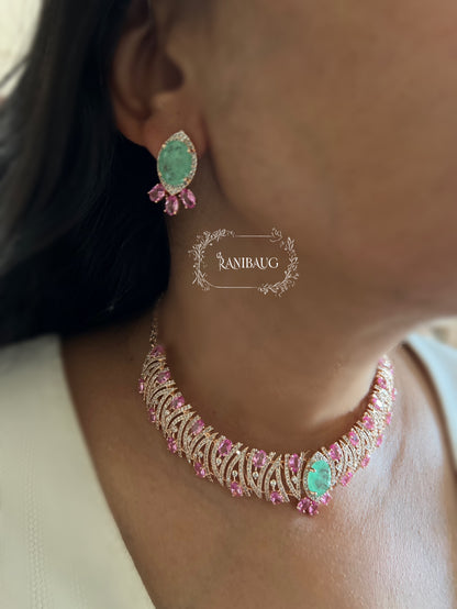 Jigya Mint Pink Stones Gold Finish Diamond Designer Necklace Set By Ranibaug