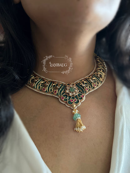 Jinali Traditional Heritage Gold Plated Green Jewellery Set By Ranibaug