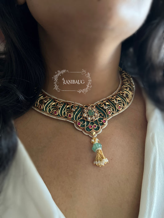 Jinali Traditional Heritage Gold Plated Green Jewellery Set By Ranibaug