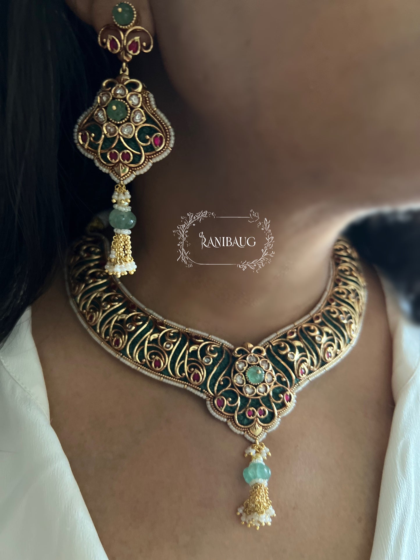 Jinali Traditional Heritage Gold Plated Green Jewellery Set By Ranibaug