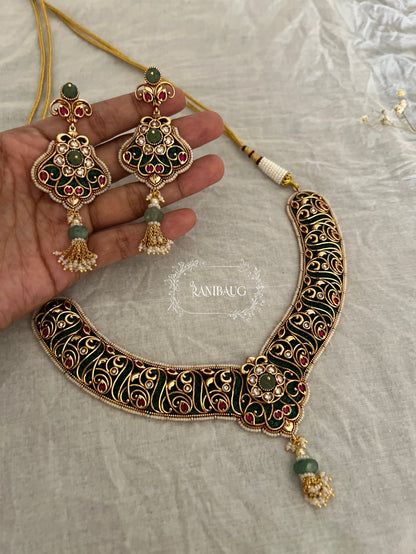 Jinali Traditional Heritage Gold Plated Green Jewellery Set By Ranibaug