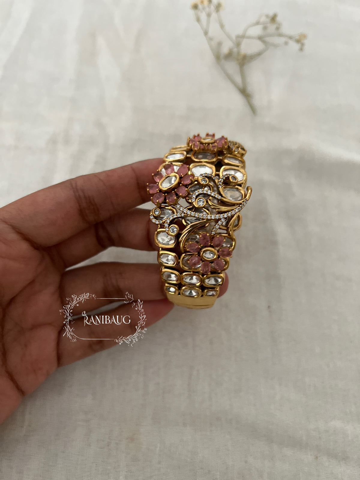 Jivika Floral Gem Motif Kundan Cluster Statement Designer Bracelet By Ranibaug