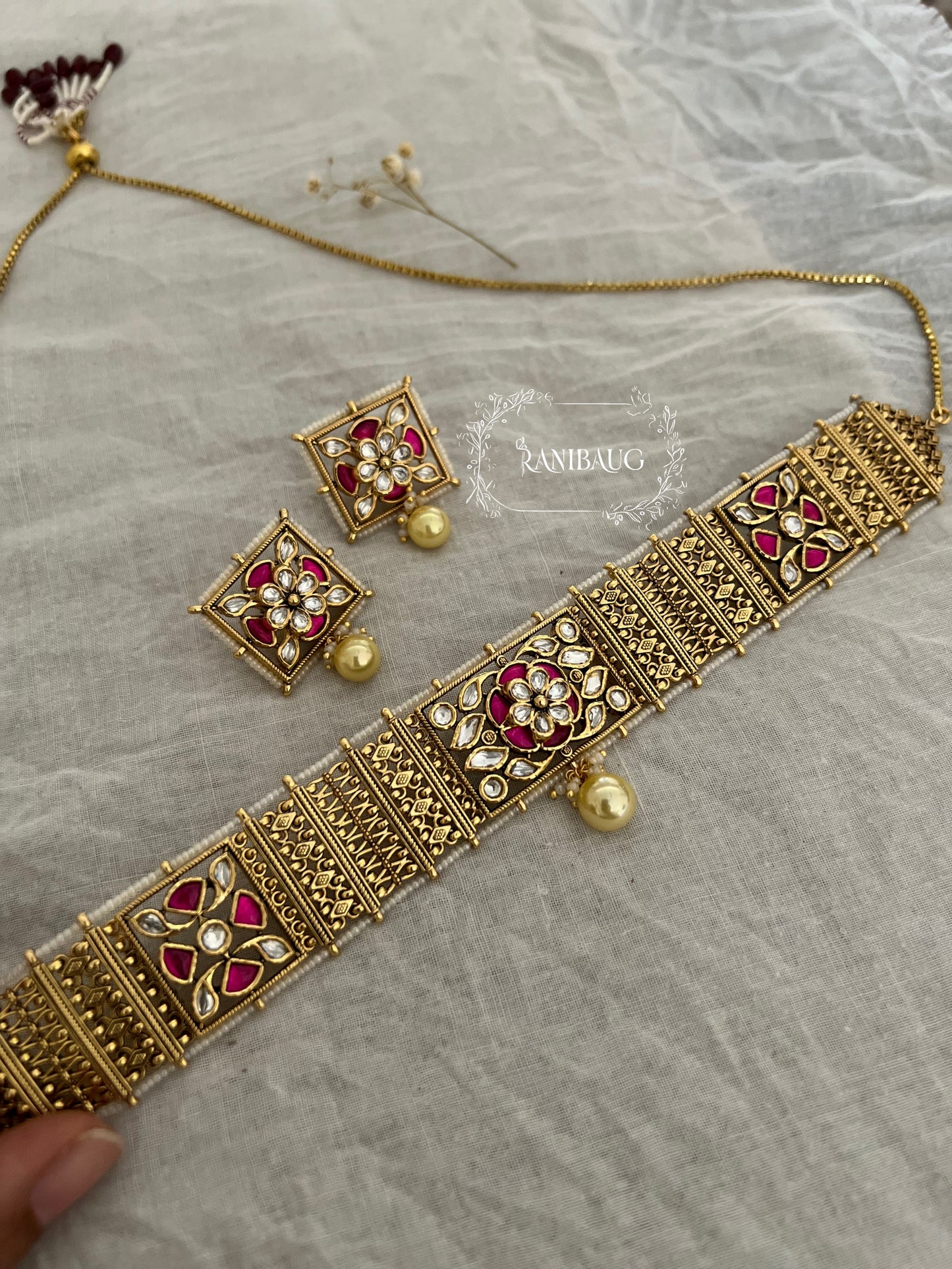 Jivika Gold Choker Necklace Jewellery Set With Floral Motif In Square Frame And Gold Pearl By Ranibaug