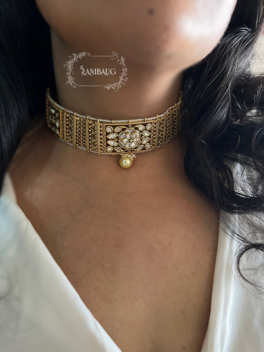 Jivika Gold Choker Necklace Jewellery Set With Floral Motif In Square Frame And Gold Pearl By Ranibaug