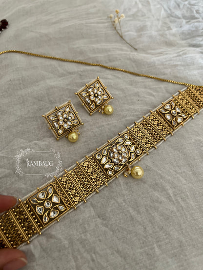 Jivika Gold Choker Necklace Jewellery Set With Floral Motif In Square Frame And Gold Pearl By Ranibaug