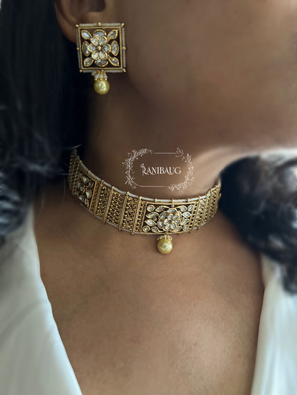Jivika Gold Choker Necklace Jewellery Set With Floral Motif In Square Frame And Gold Pearl By Ranibaug