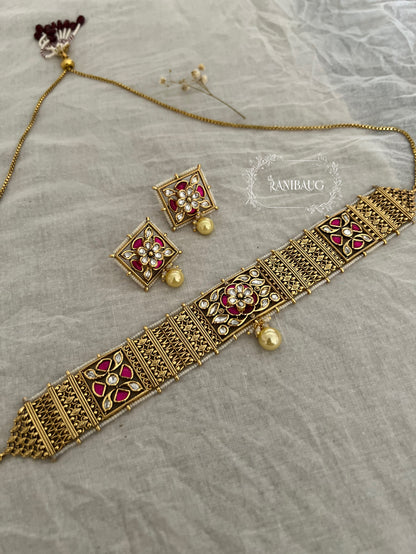 Jivika Gold Choker Necklace Jewellery Set With Floral Motif In Square Frame And Gold Pearl By Ranibaug