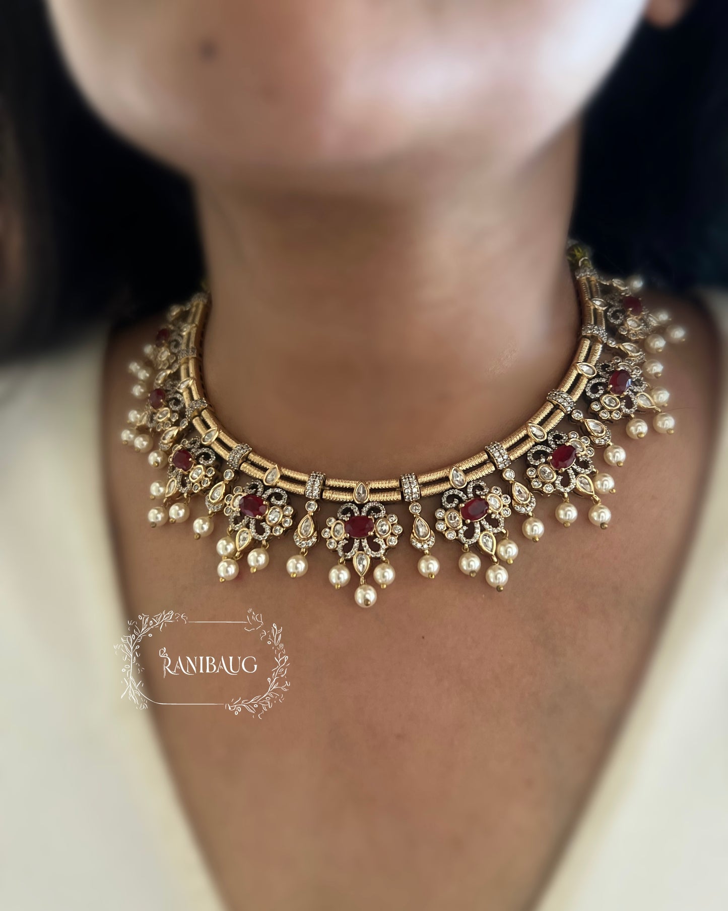 Jivika Polki Studded Necklace | Antique Gold Vintage Choker Set by Ranibaug with Pearl Fringe