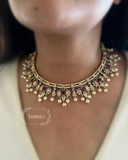 Jivika Polki Studded Necklace | Antique Gold Vintage Choker Set by Ranibaug with Pearl Fringe