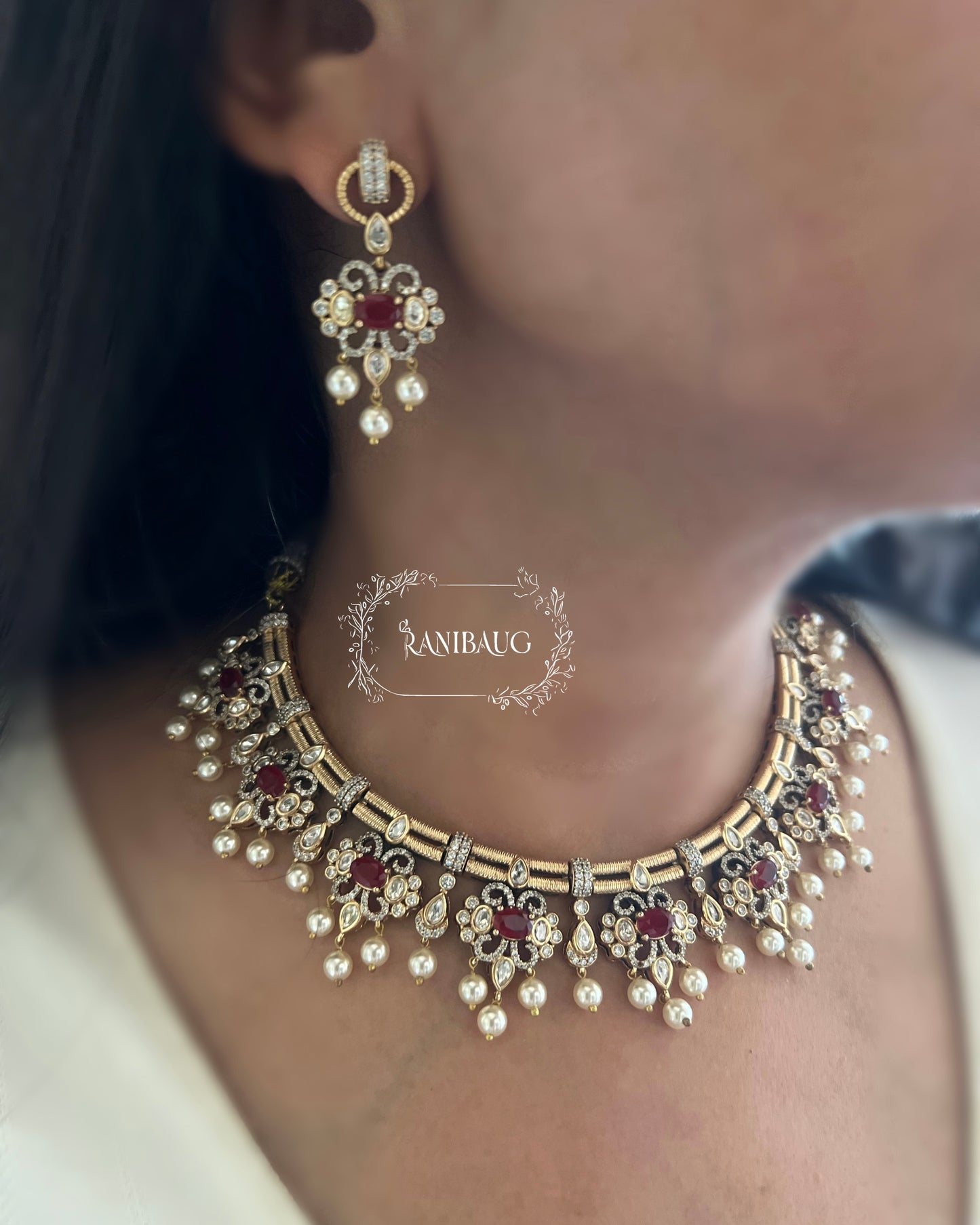 Jivika Polki Studded Necklace | Antique Gold Vintage Choker Set by Ranibaug with Pearl Fringe
