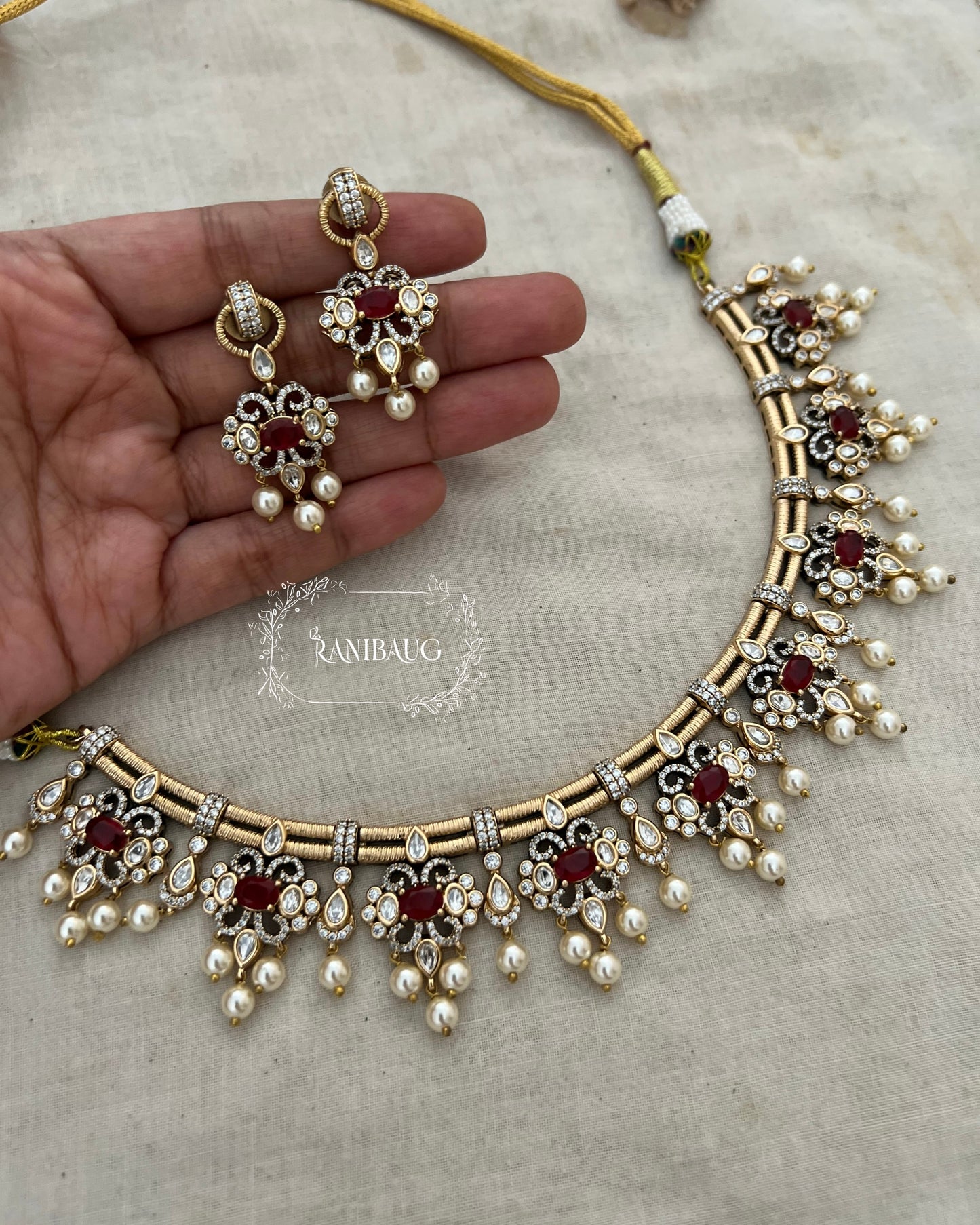 Jivika Polki Studded Necklace | Antique Gold Vintage Choker Set by Ranibaug with Pearl Fringe