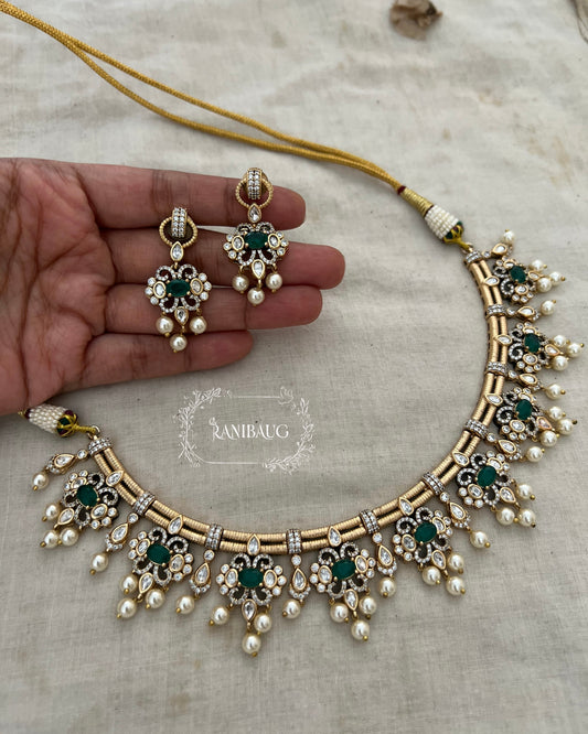 Jivika Polki Studded Necklace | Antique Gold Vintage Choker Set by Ranibaug with Pearl Fringe