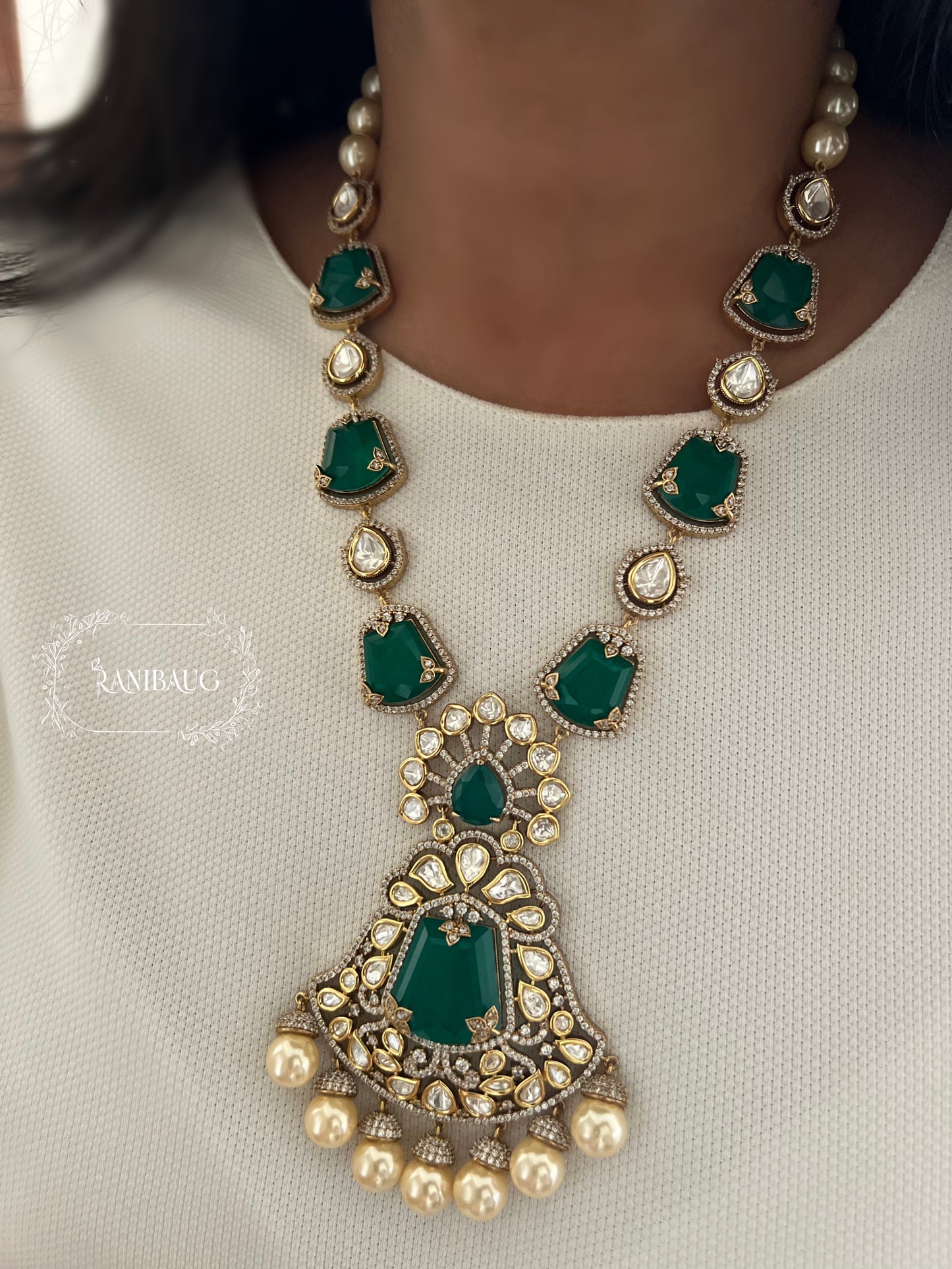 Jiya Emerald Green Stone And Polki Studded Long Necklace Set In Premium Gold Finish By Ranibaug