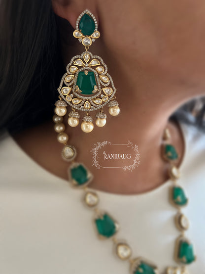 Jiya Emerald Green Stone And Polki Studded Long Necklace Set In Premium Gold Finish By Ranibaug