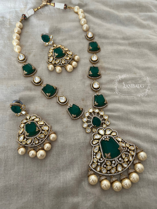Jiya Emerald Green Stone And Polki Studded Long Necklace Set In Premium Gold Finish By Ranibaug