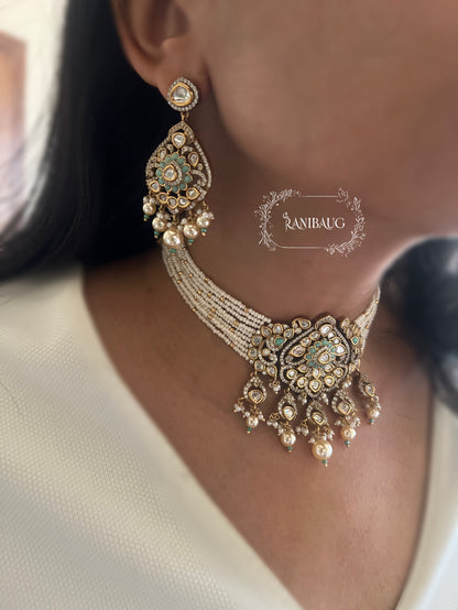 Jodhaa Victorian Finish Premium Mossainite And Pearl Choker Jewellery Set By Ranibaug